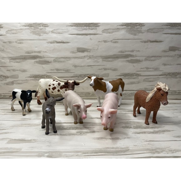 Farm Animal Figures Mixed Texas Longhorn Cow Pig Donkey Horse Kid Toy Collection - Picture 3 of 7